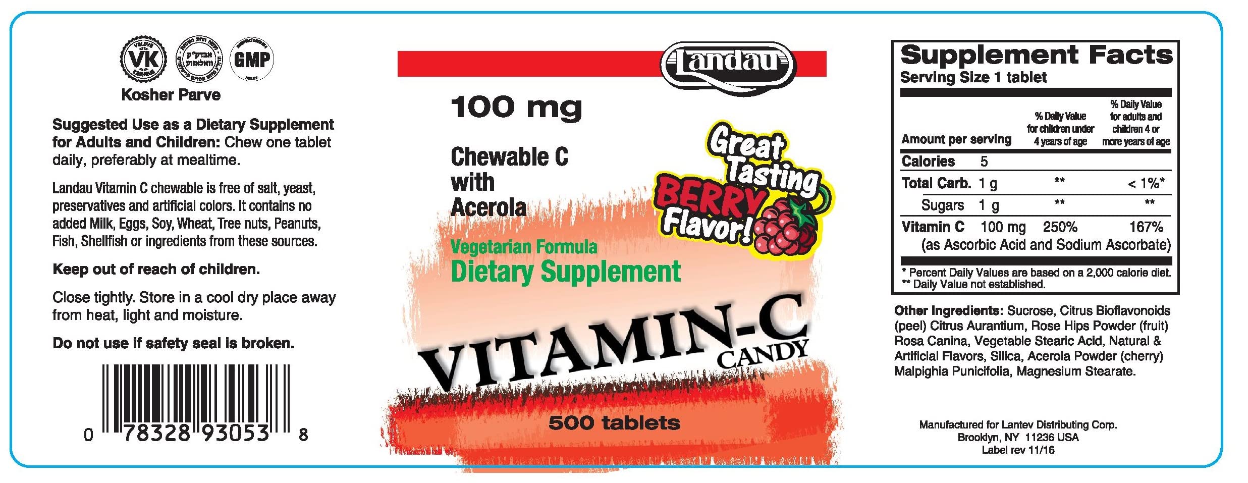 Close-up of Landau Vitamin C chewable tablets highlighting easy daily consumption