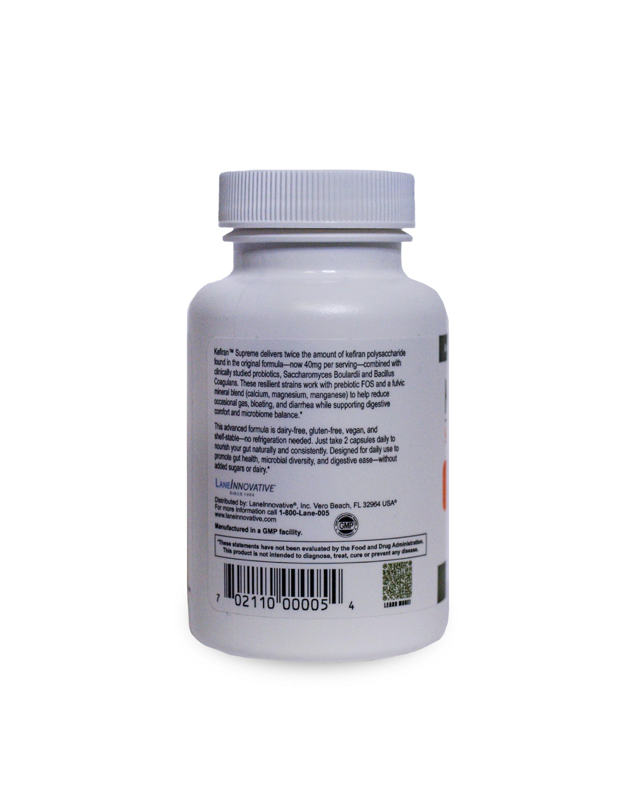 Lane Innovative Kefiran Supreme capsule closeup showing vegetarian capsule for gut health.