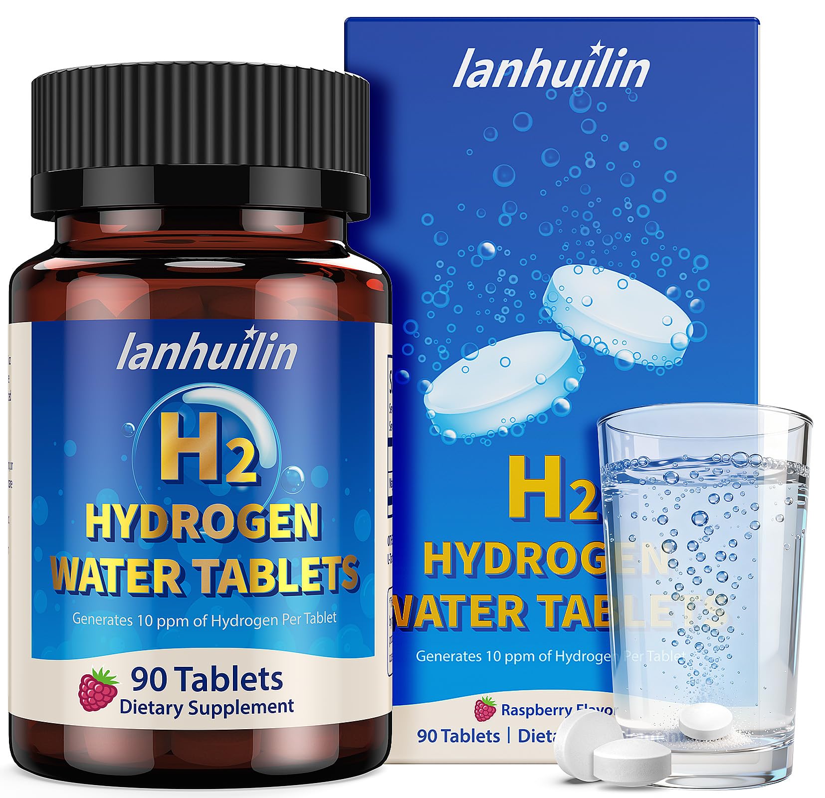 Lanhuilin hydrogen tablets dissolving in water to create antioxidant-rich hydration.