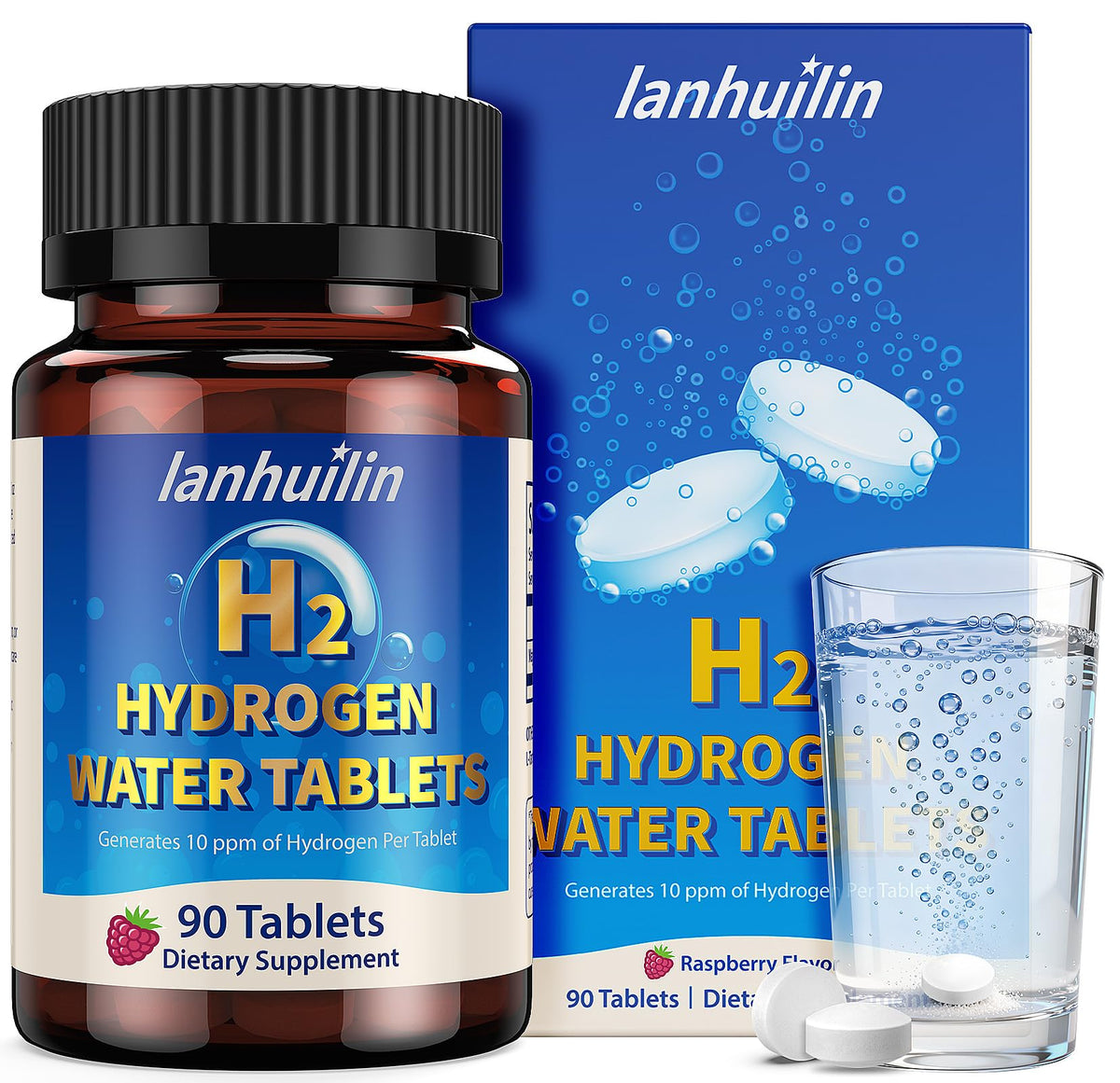 Lanhuilin hydrogen tablets dissolving in water to create antioxidant-rich hydration.
