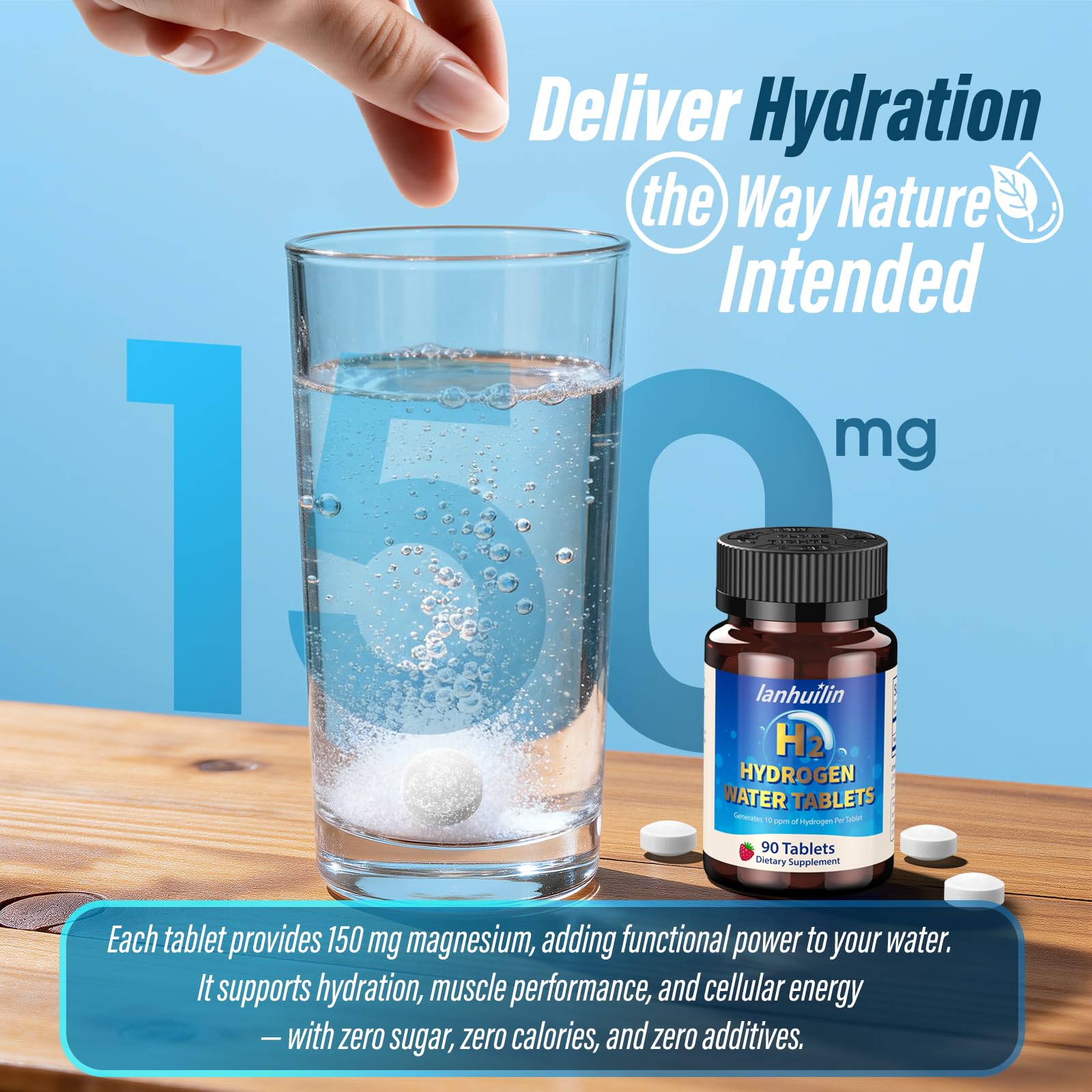 Lanhuilin hydrogen tablets in a glass of water for fresh hydration.