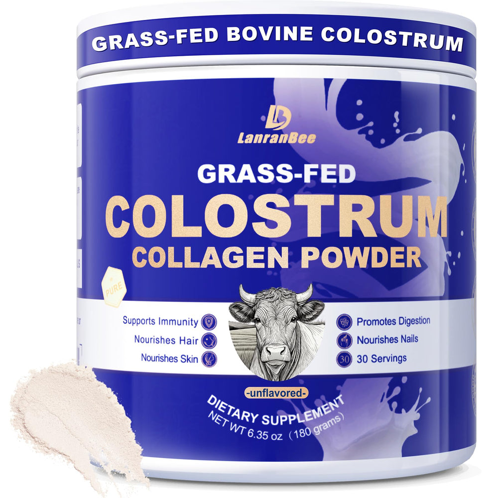 LanranBee grass-fed colostrum bottle displaying premium immune-support blend.