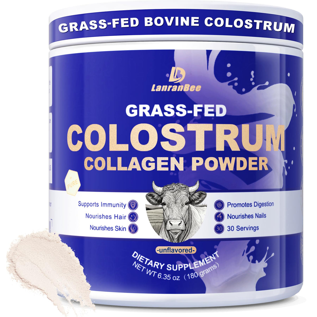 LanranBee grass-fed colostrum bottle displaying premium immune-support blend.