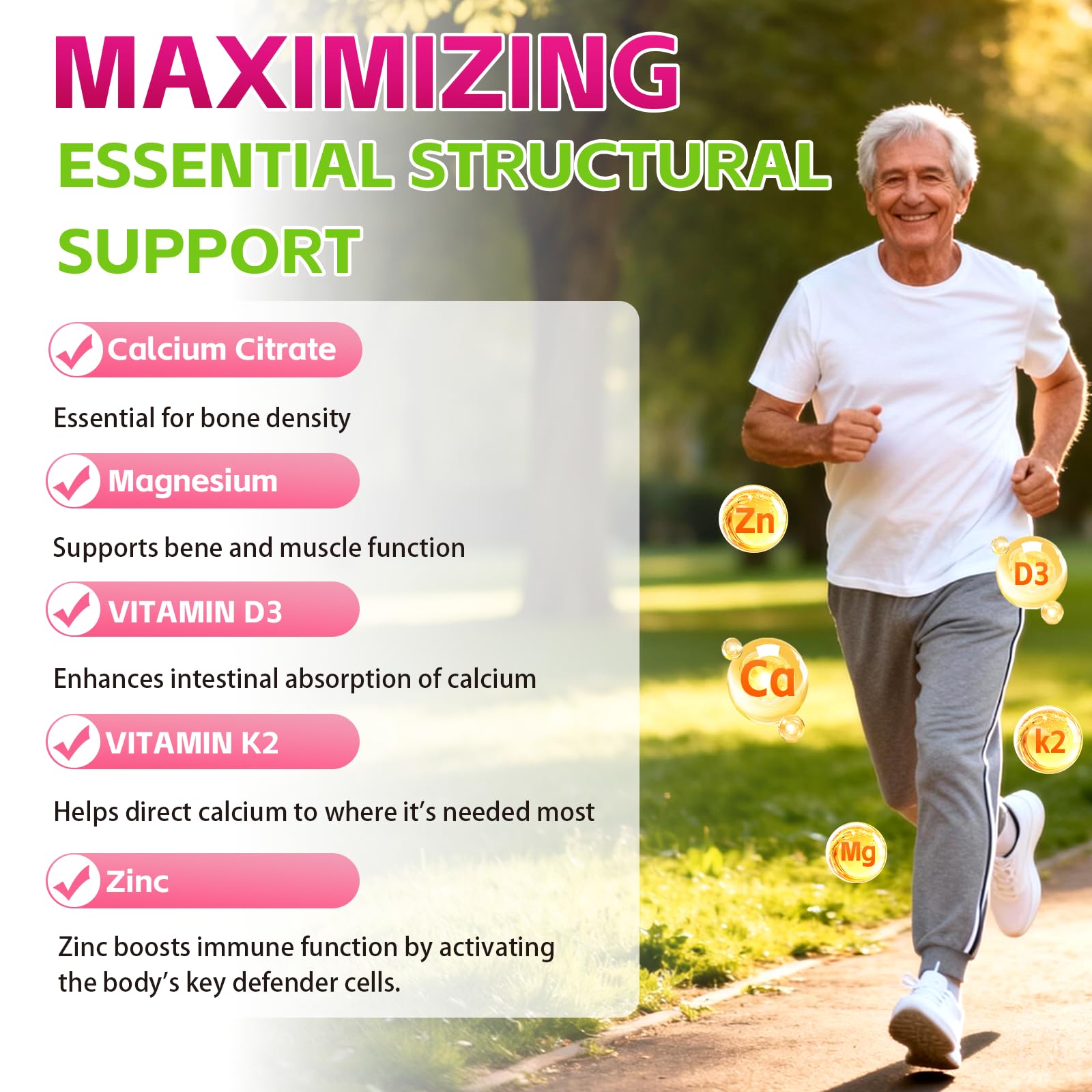 LANSHI bottle label shows vitamin D3 and K2 for bone support