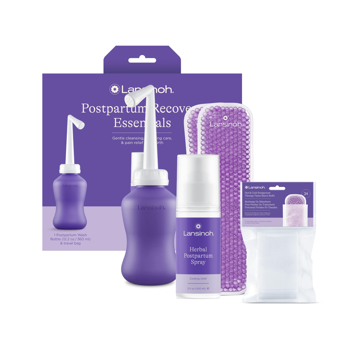 Lansinoh Bounce Back upside-down peri bottle demonstrating angled tip for gentle cleansing