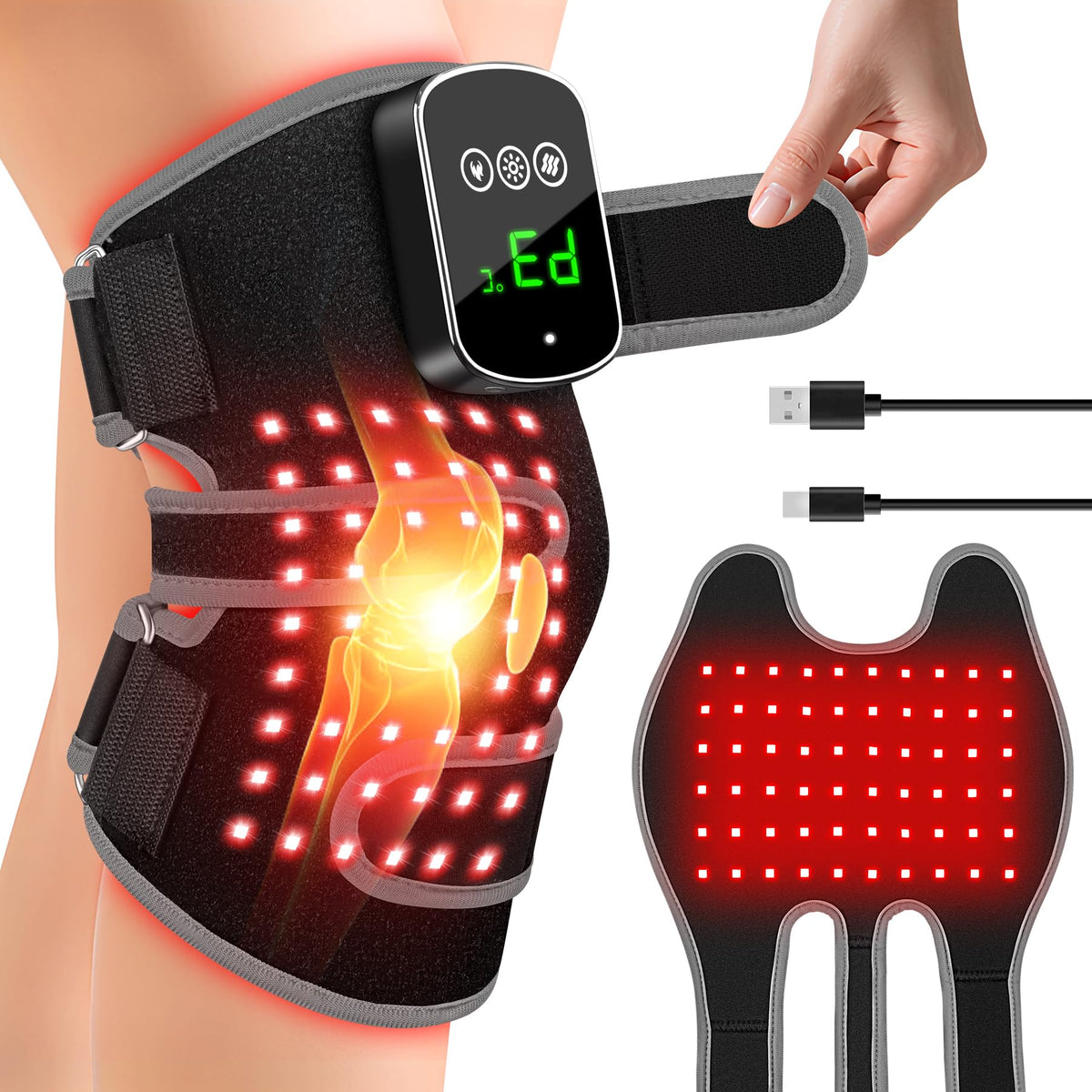 LanSuper red light knee brace front view emphasizes portable, cordless comfort