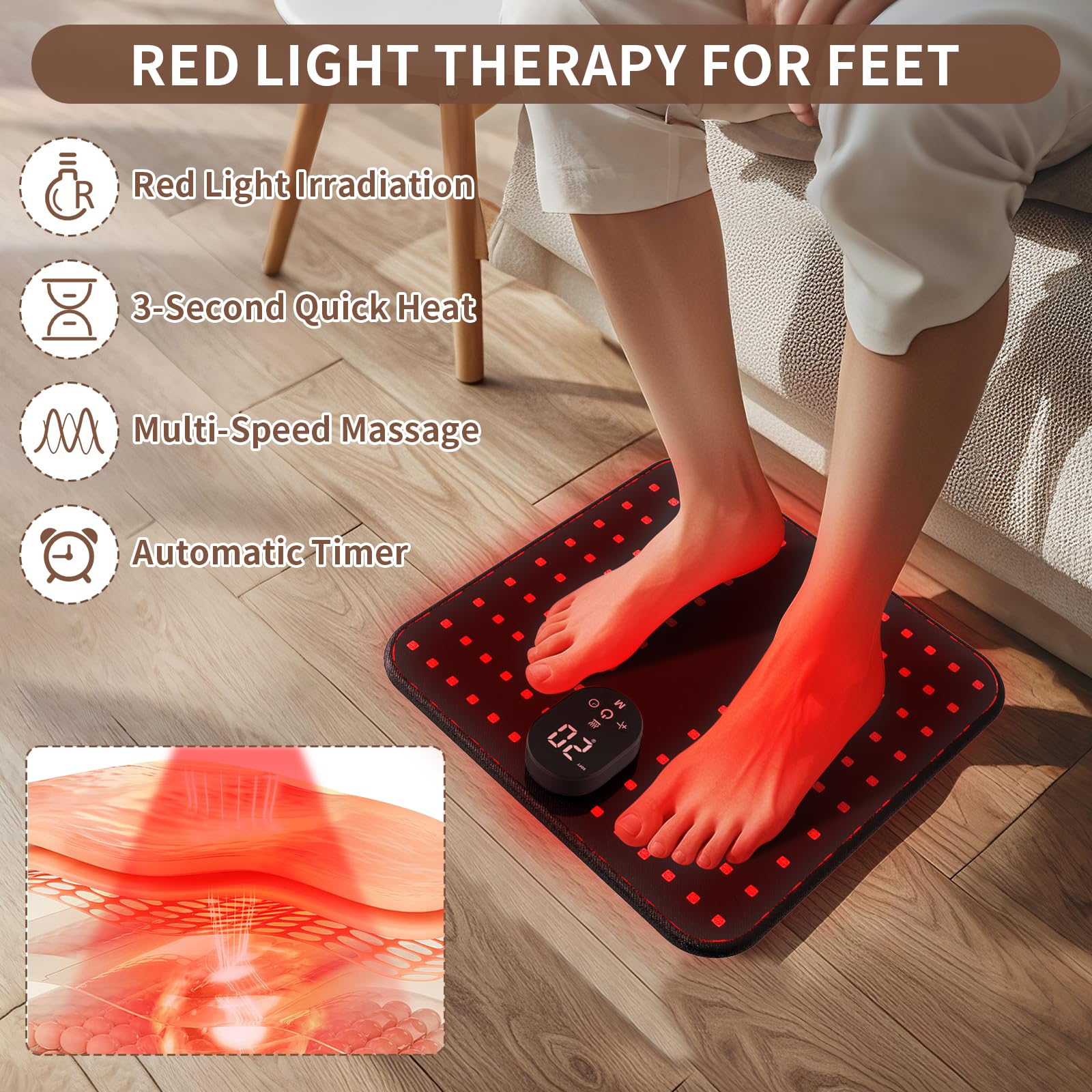 Close-up of LaseLocks LED array on the red light therapy feet mat