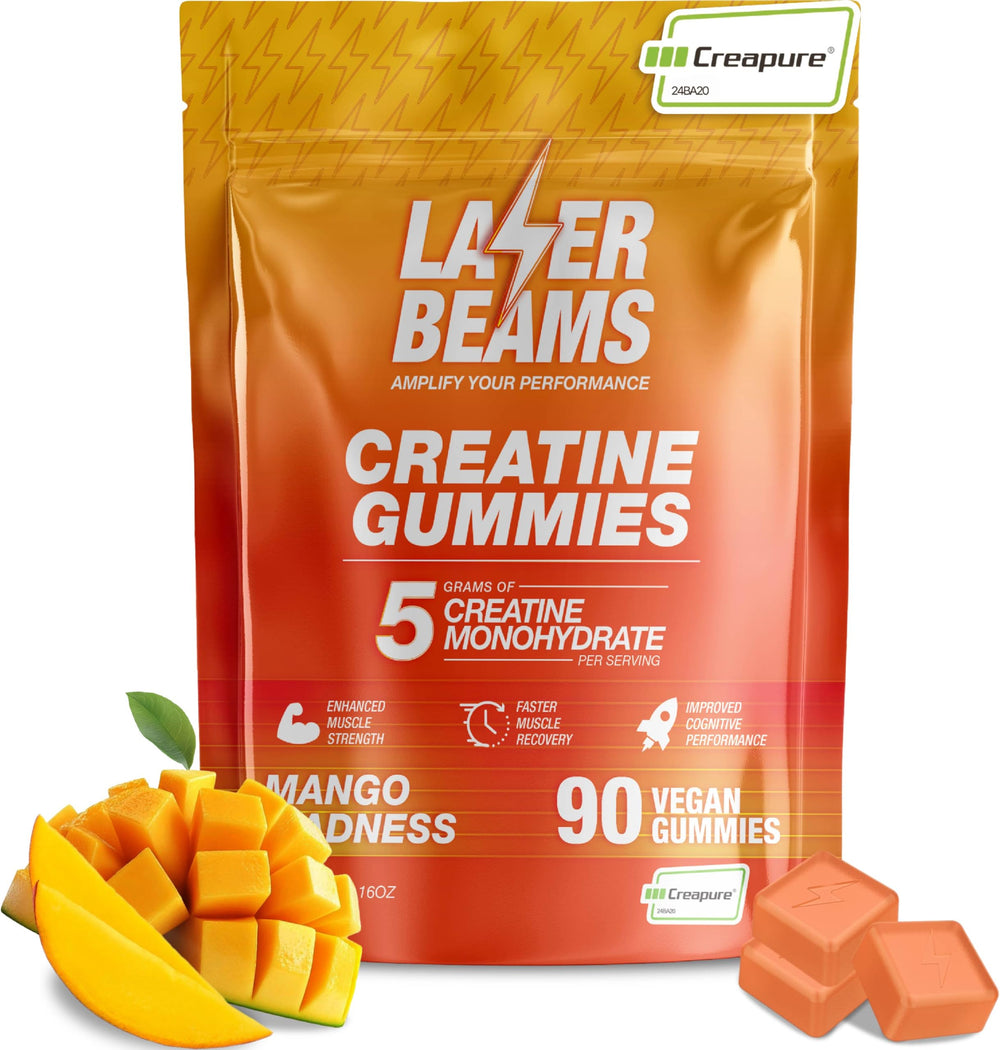 Laser Beams Creatine Gummies bottle on the go, showcasing convenient workout support