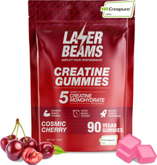 Laser Beams Creatine Gummies bottle with cosmic cherry flavor, convenient daily strength support.