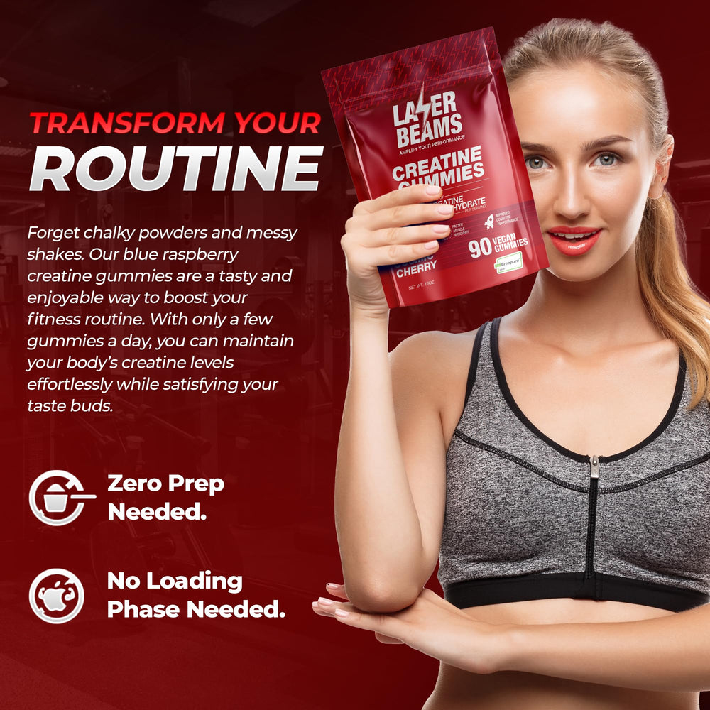Laser Beams Creatine Gummies cosmic cherry pouch, tasty daily performance boost.