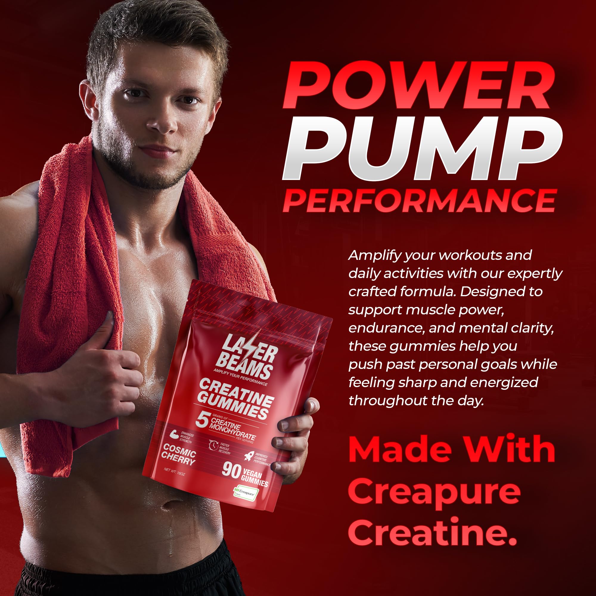 Laser Beams Creatine Gummies serving chews ideal for quick workouts and focus.