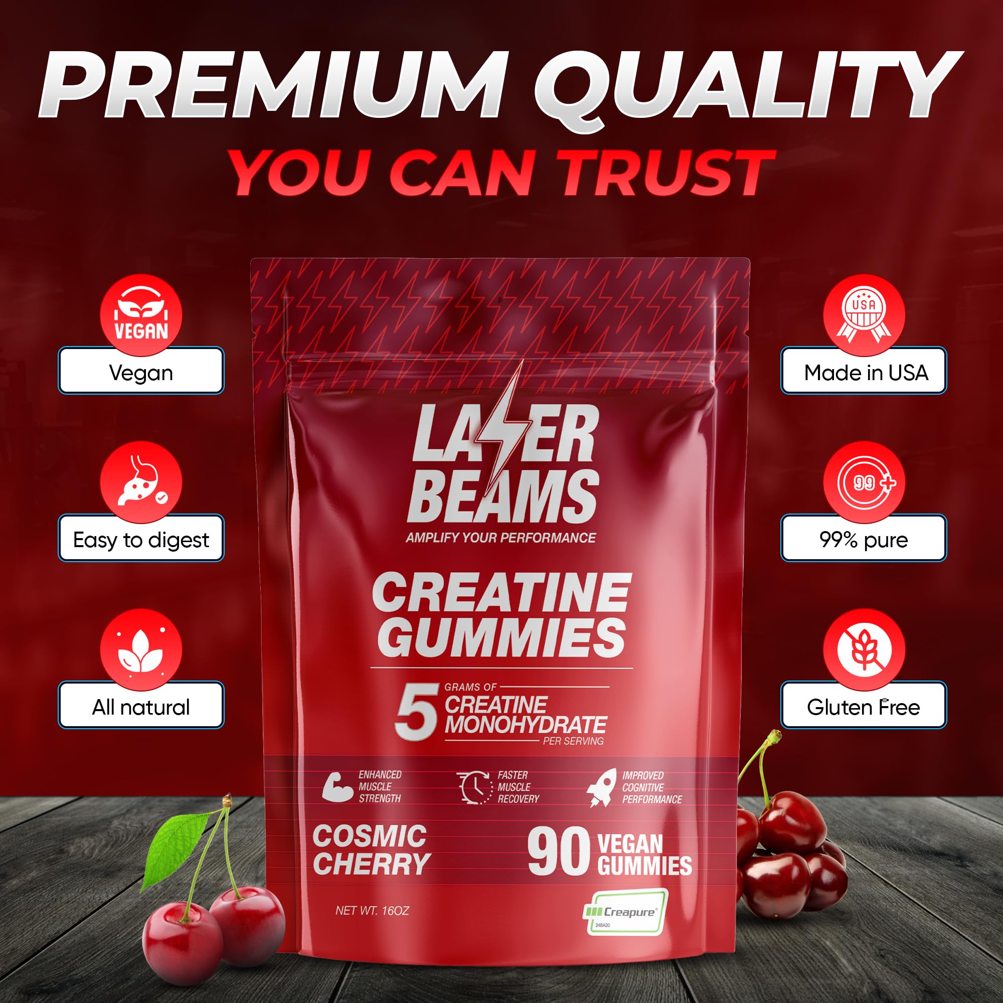 Laser Beams Creatine Gummies gluten-free packaging appeals to diet-conscious athletes.