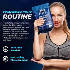 Laser Beams Creatine Gummies in hand highlighting blue raspberry flavor