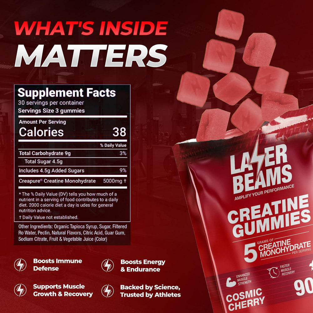 Laser Beams Creatine Gummies label close-up shows Creapure and purity.
