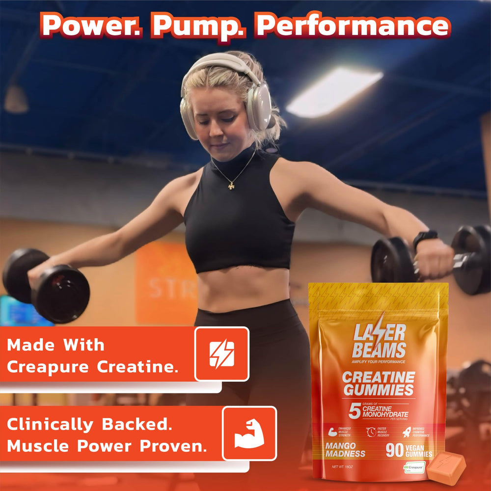 Laser Beams Creatine Gummies mango close-up highlights tasty daily performance support