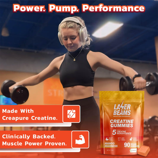 Laser Beams Creatine Gummies mango close-up highlights tasty daily performance support