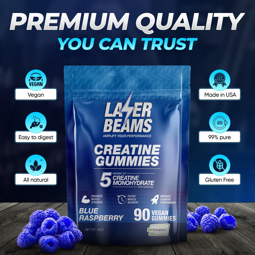 Packaging display of 90-serving Laser Beams Creatine Gummies bottle