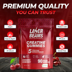 Laser Beams Creatine Gummies shelf display, vegan formula appeal.