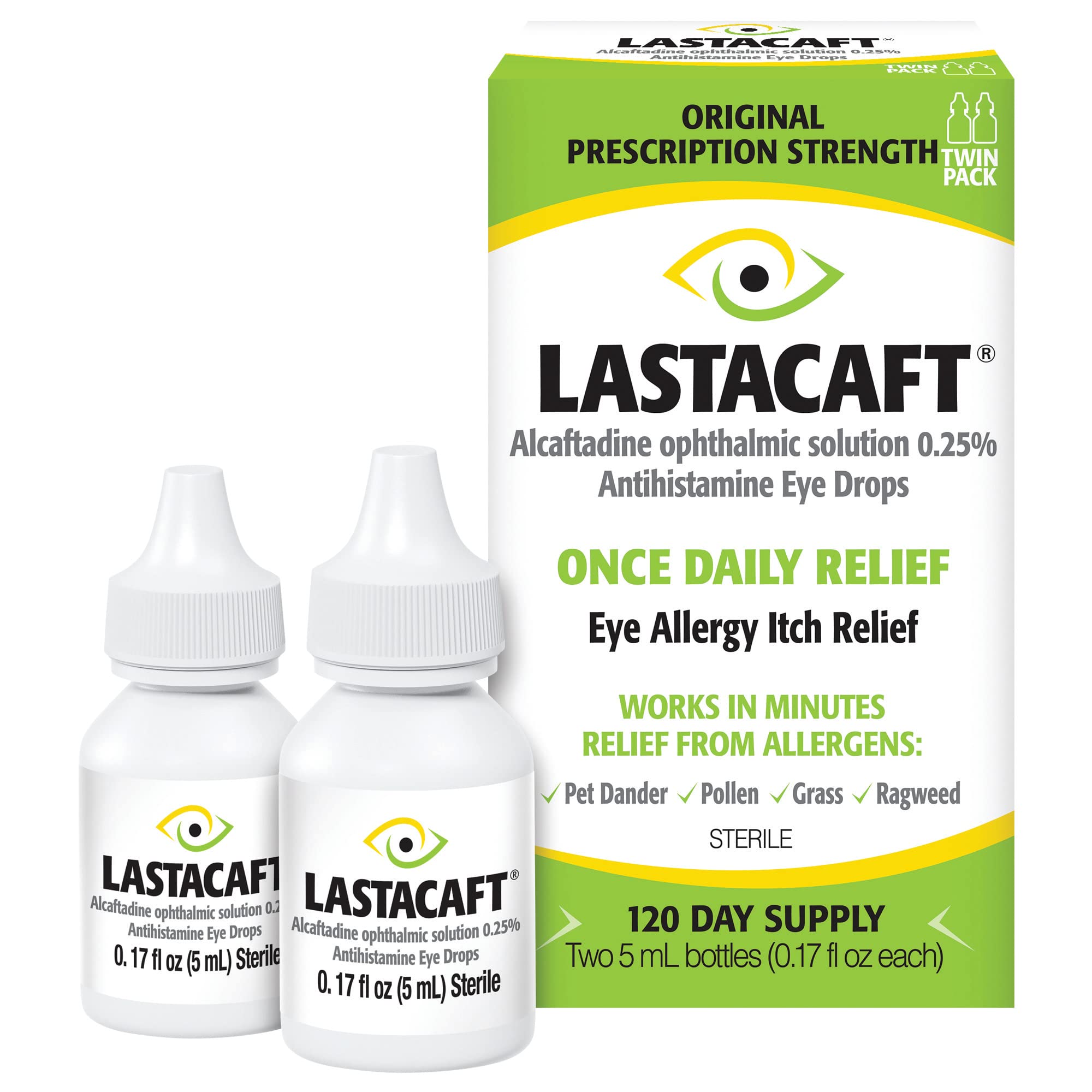 Lastacaft bottle front showing quick-acting allergy relief for itchy eyes.