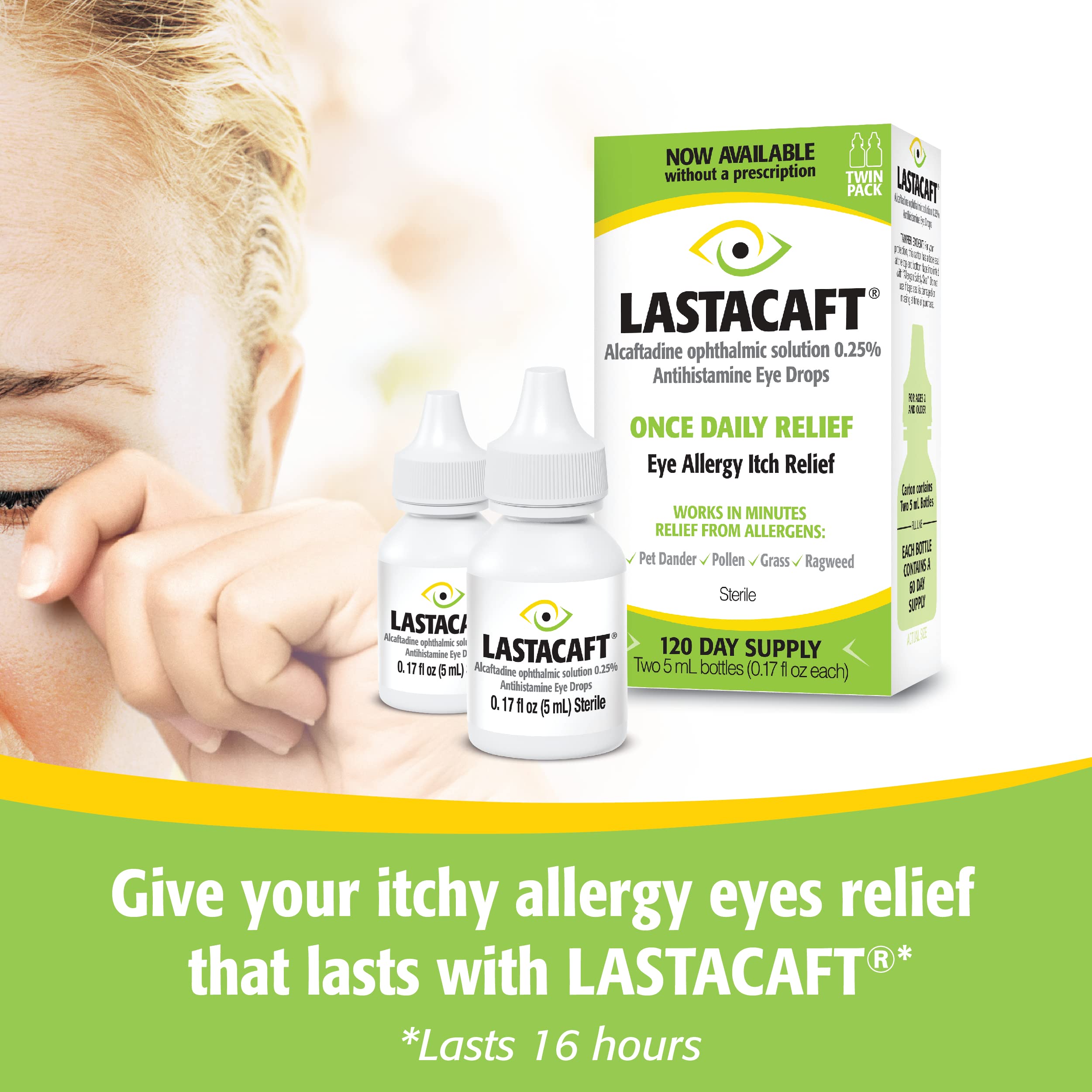 Lastacaft dropper closeup demonstrates precise, convenient daily application.