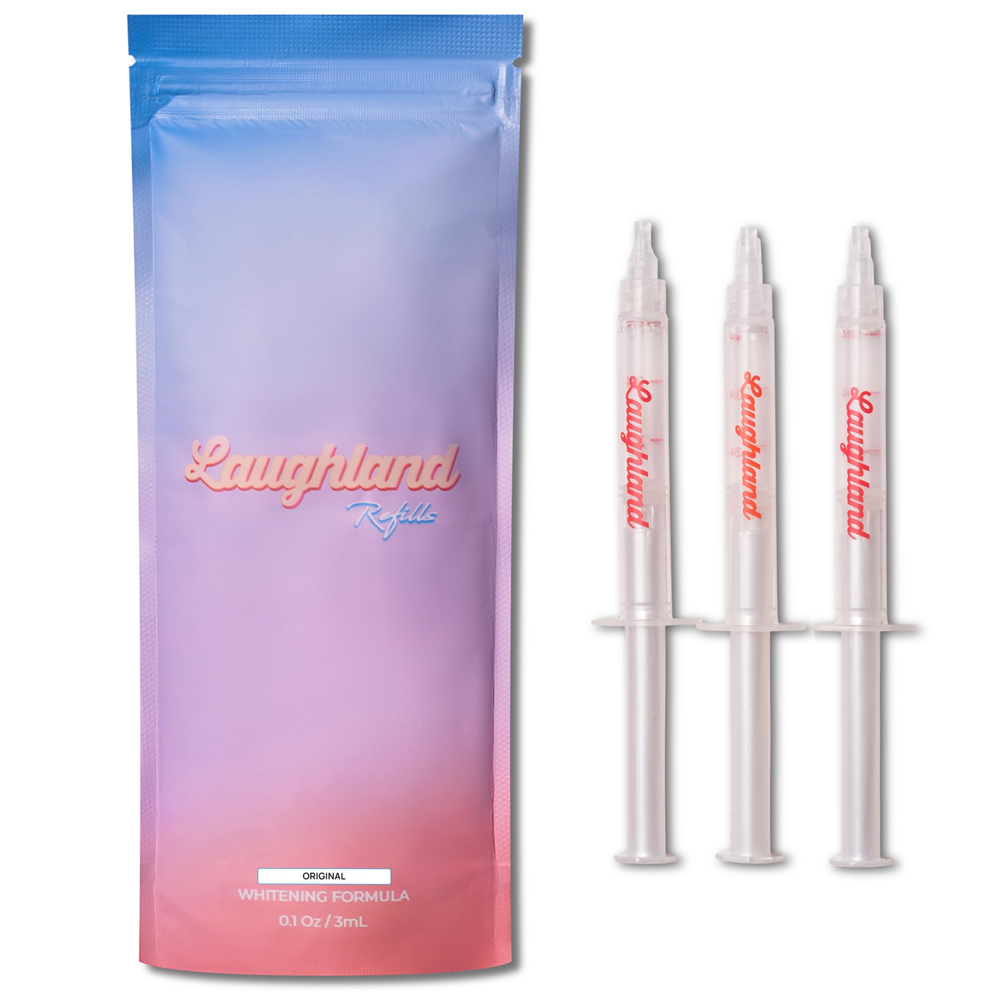 Laughland Original 3Pack tubes front for convenient at-home whitening touch-ups.
