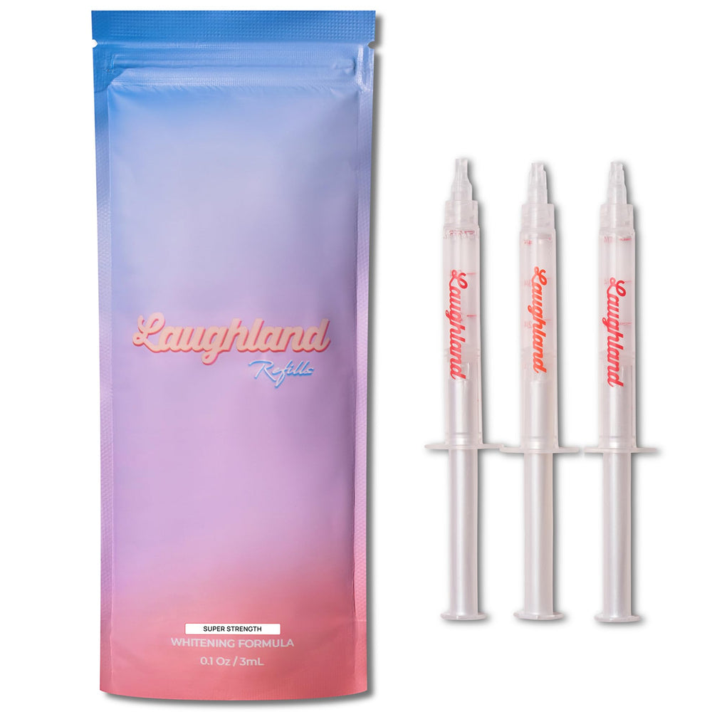 Laughland Super Strength Teeth Whitening Gel tubes for at-home whitening and a brighter smile.