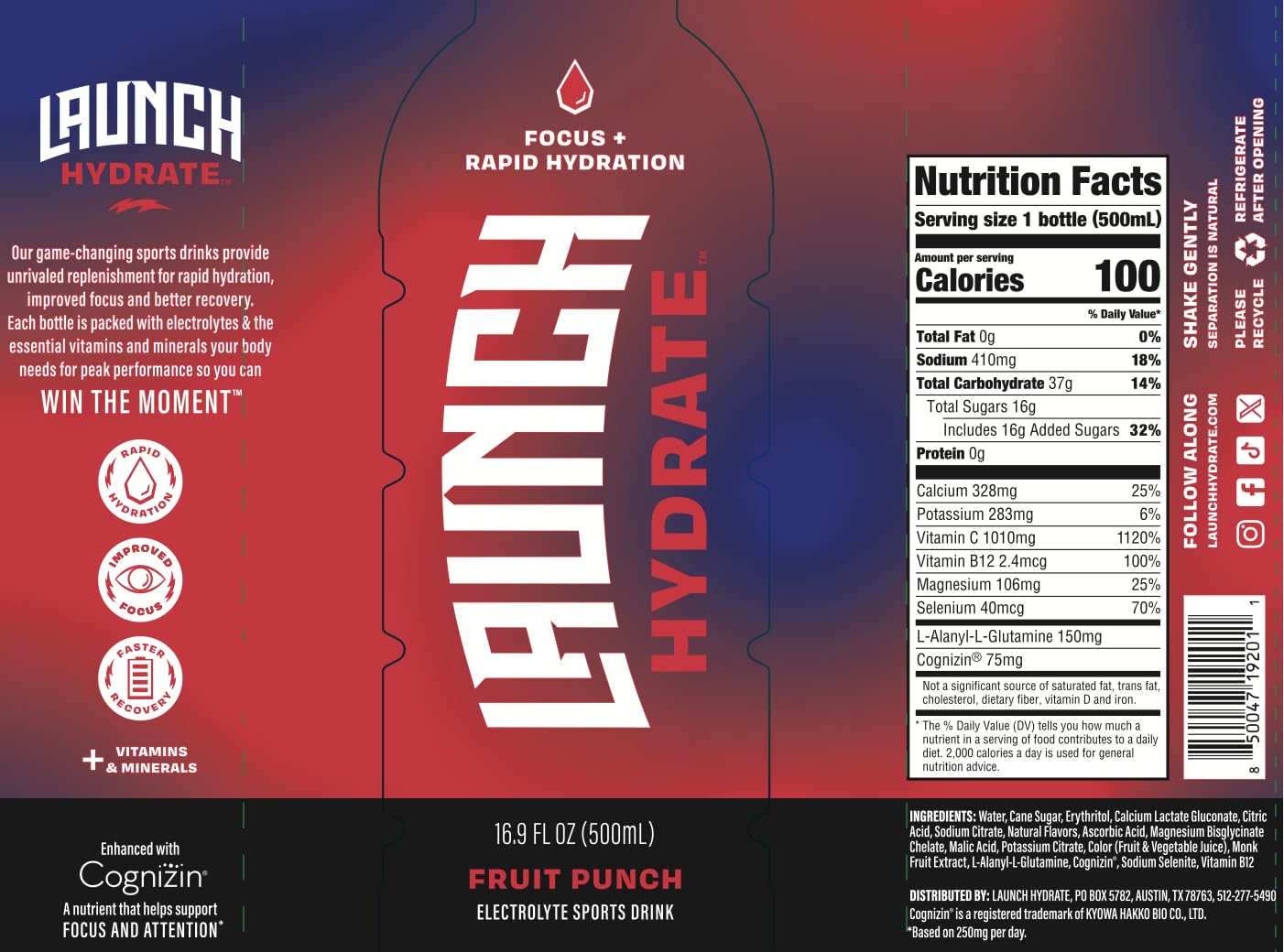 Graphic featuring Cognizin focus from Launch Hydrate for mental clarity during workouts.