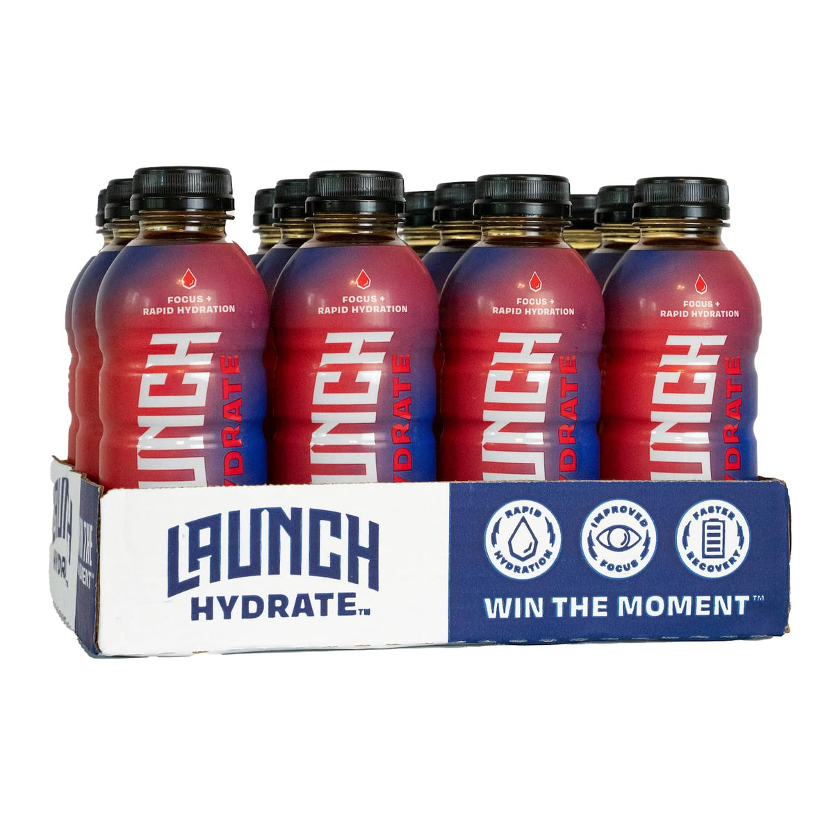 Launch Hydrate fruit punch bottle showing quick hydration and clean energy benefits.