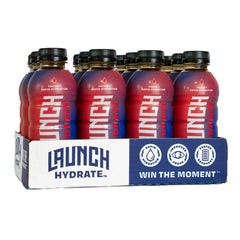 Launch Hydrate fruit punch bottle showing quick hydration and clean energy benefits.