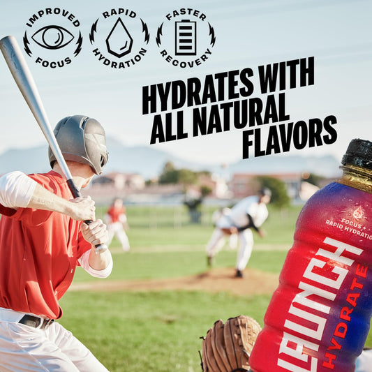 Launch Hydrate fruit punch packaging highlights convenient 12-pack portability.