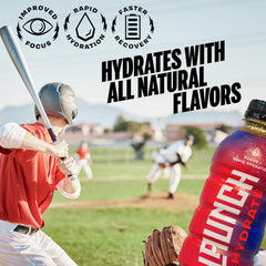 Launch Hydrate fruit punch packaging highlights convenient 12-pack portability.