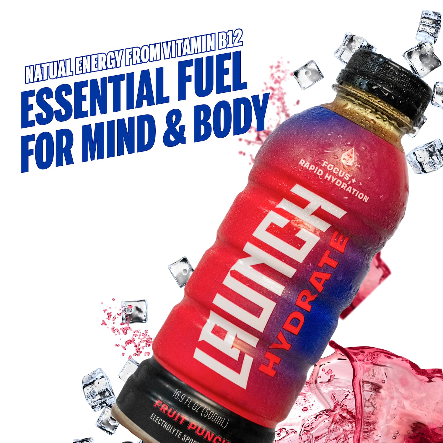 Close-up of Launch Hydrate label emphasizing real cane sugar and electrolyte blend.