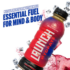 Close-up of Launch Hydrate label emphasizing real cane sugar and electrolyte blend.