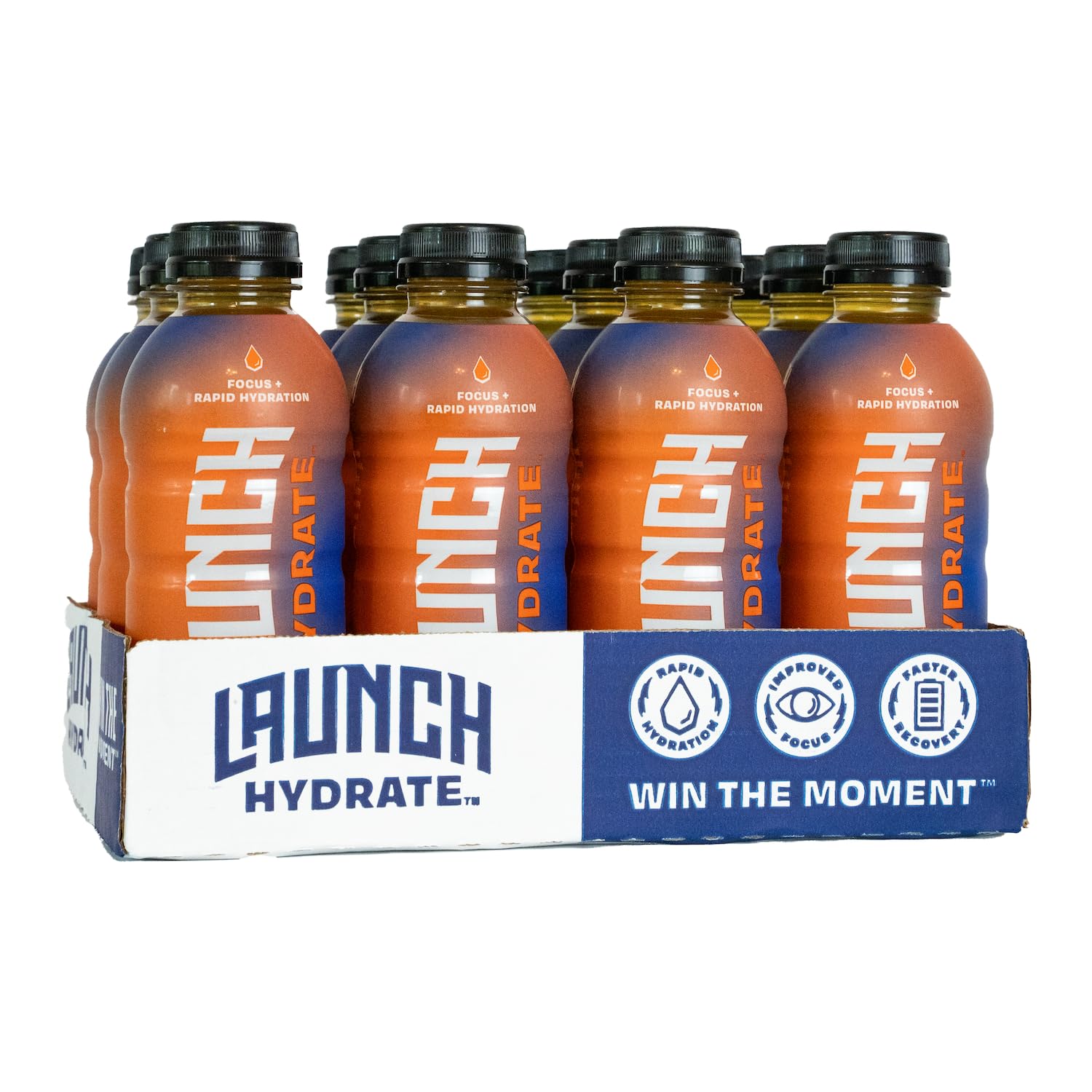 Launch Hydrate orange bottle closeup for active hydration on the go.