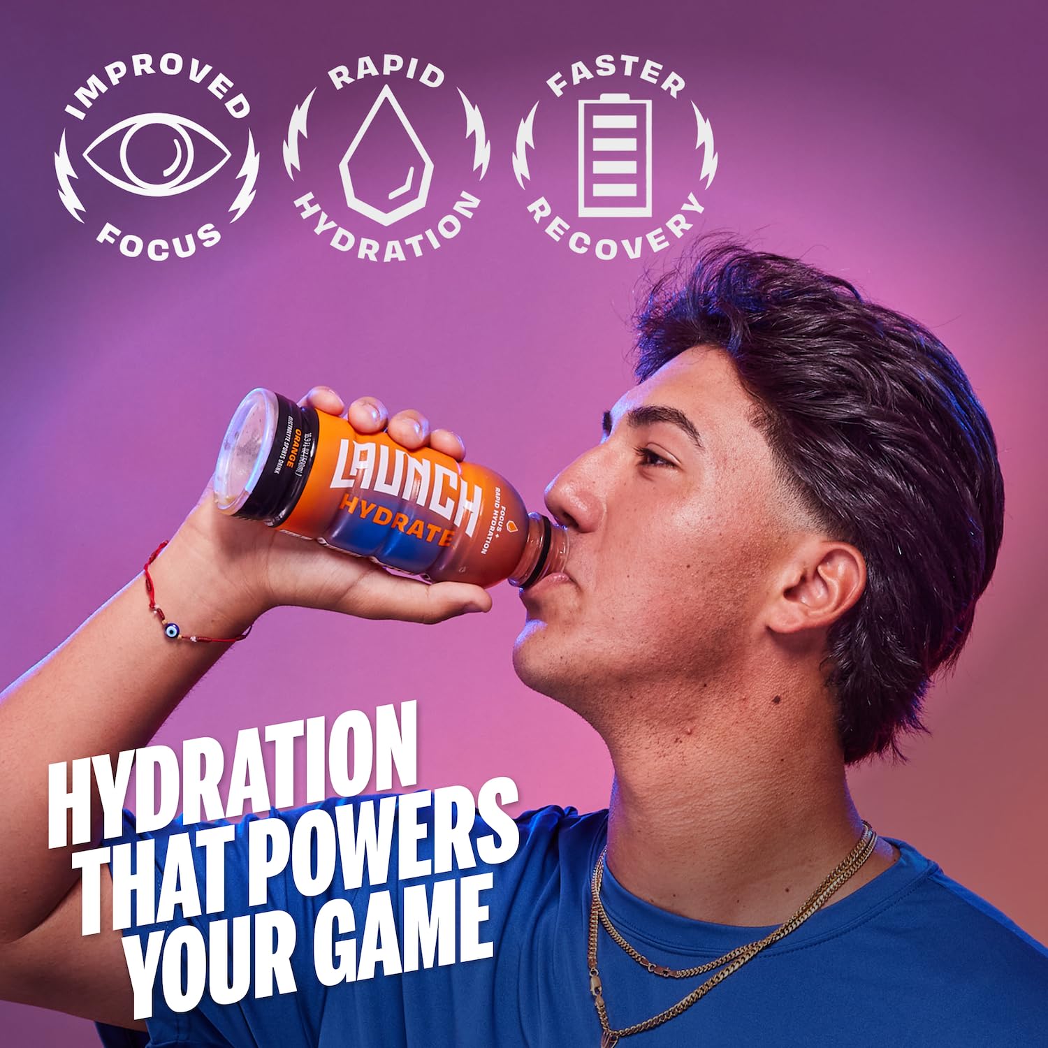 Launch Hydrate orange bottle pour into glass shows quick hydration during training.