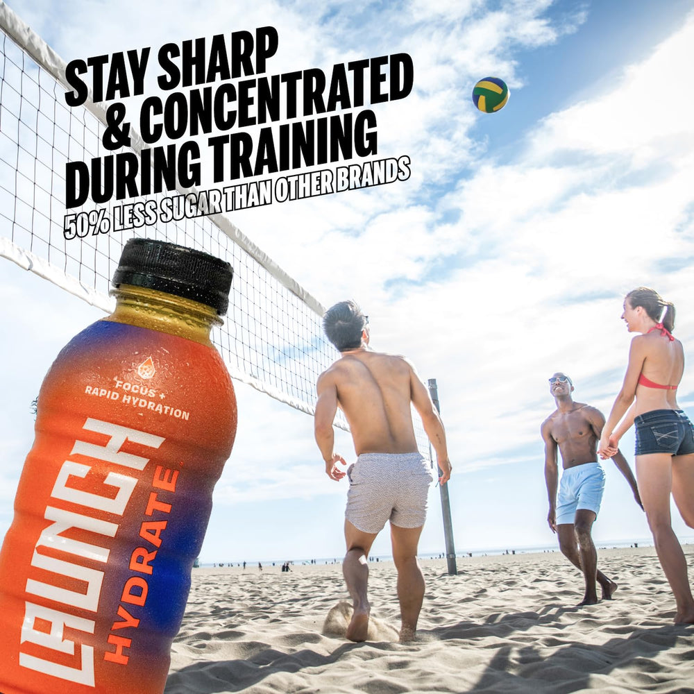 Launch Hydrate orange bottle with orange slices emphasizes citrus flavor and appeal.