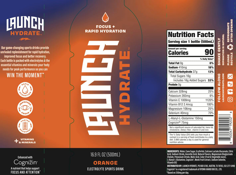 Launch Hydrate orange liquid in glass with ice for refreshing post-workout hydration.