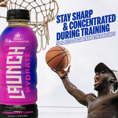 Launch Hydrate in a gym bag scene suggests hydration on the go during training.