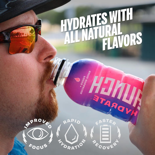 Launch Hydrate bottle pour demonstrates rapid hydration during workouts.