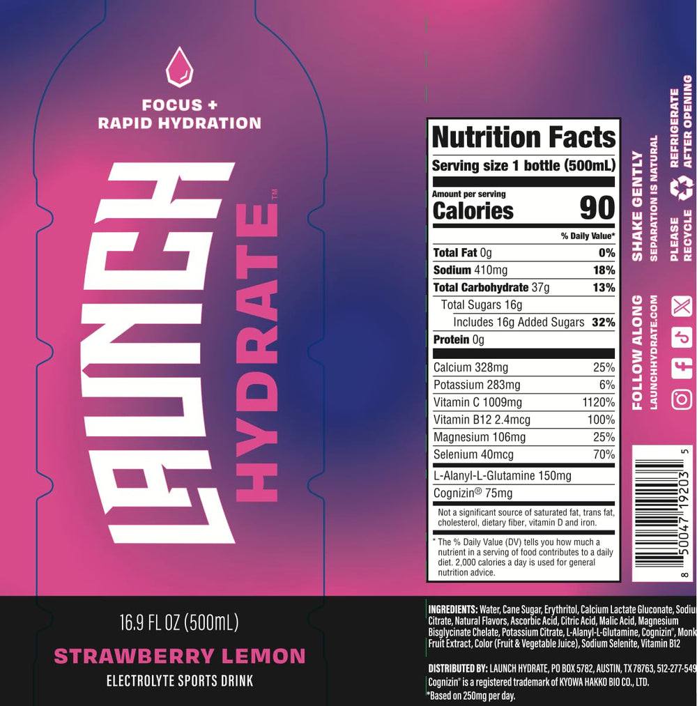 Launch Hydrate pack side displays branding and serving info.