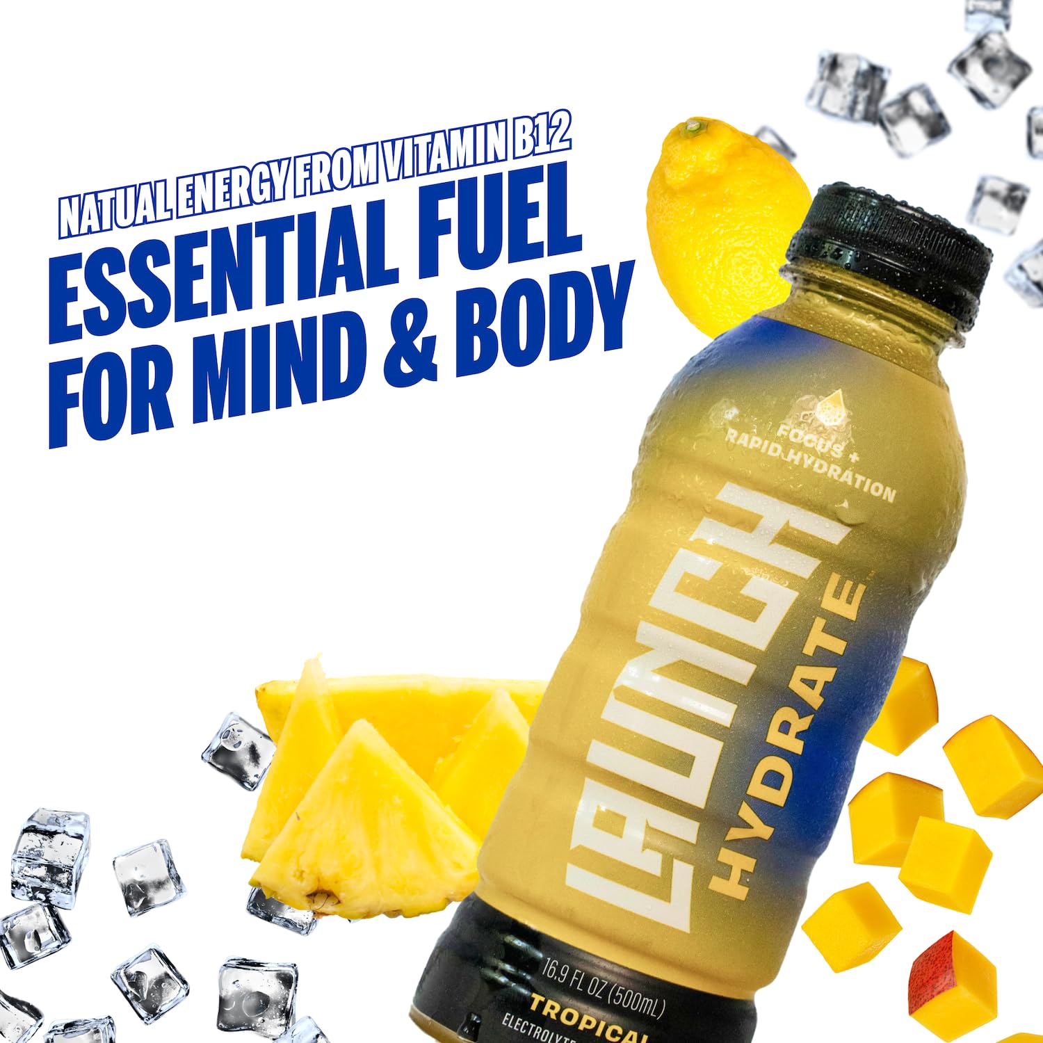 Launch Hydrate Tropical 12-pack box front for team hydration.