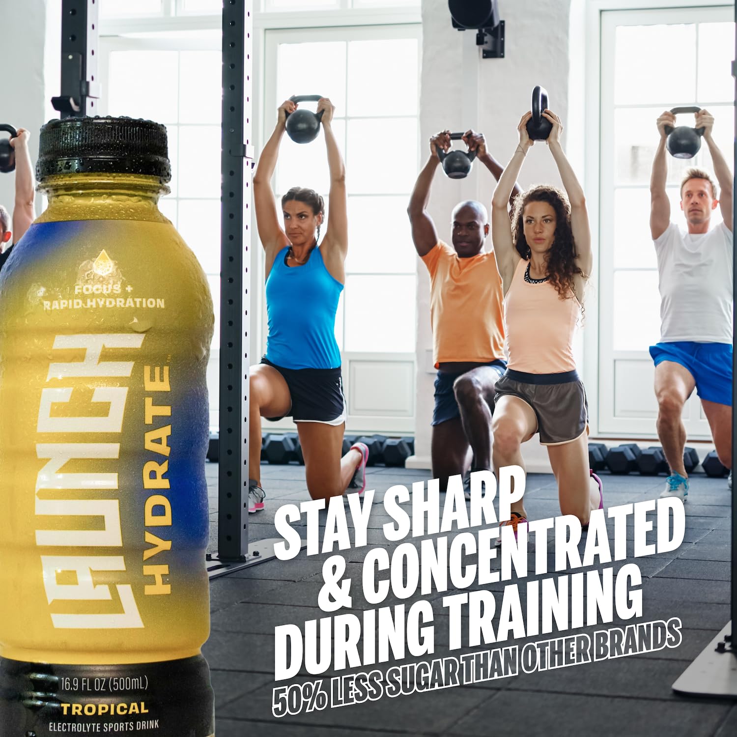 Launch Hydrate Tropical athlete using bottle during activity.