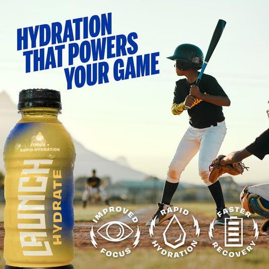 Launch Hydrate Tropical bottle front showing label and sugar-based hydration support.