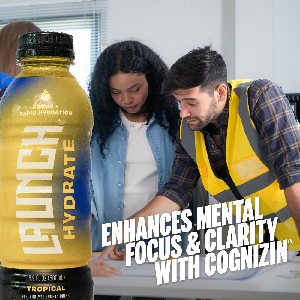 Launch Hydrate Tropical shelf display highlighting clean ingredients.