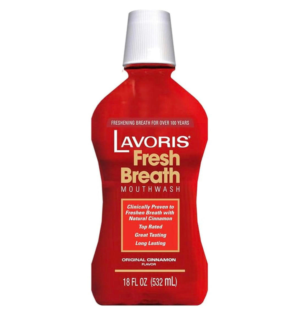 Lavoris Cinnamon Mouthwash pack with a family-size bottle for daily use.