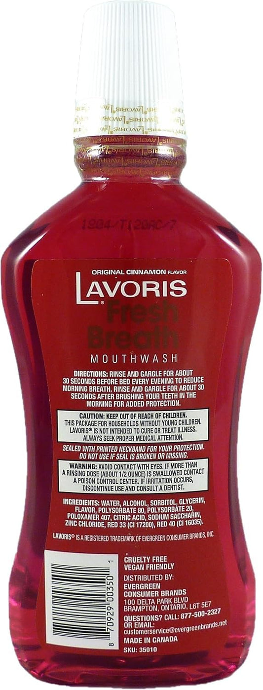 Lavoris Cinnamon Original bottle on bathroom shelf for easy access after meals