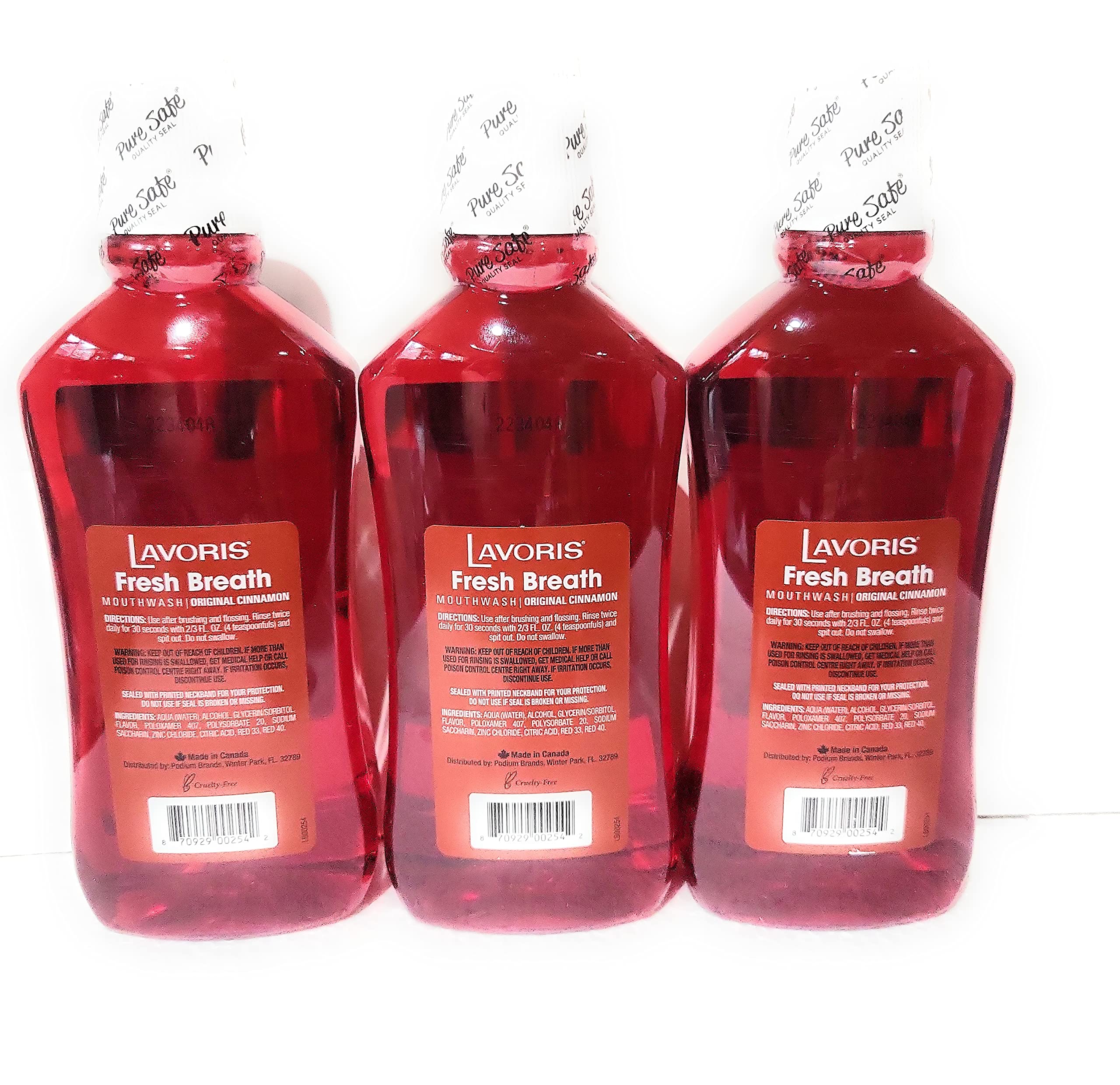 Close-up of Lavoris Original Cinnamon bottle highlighting cinnamon flavor and aroma.