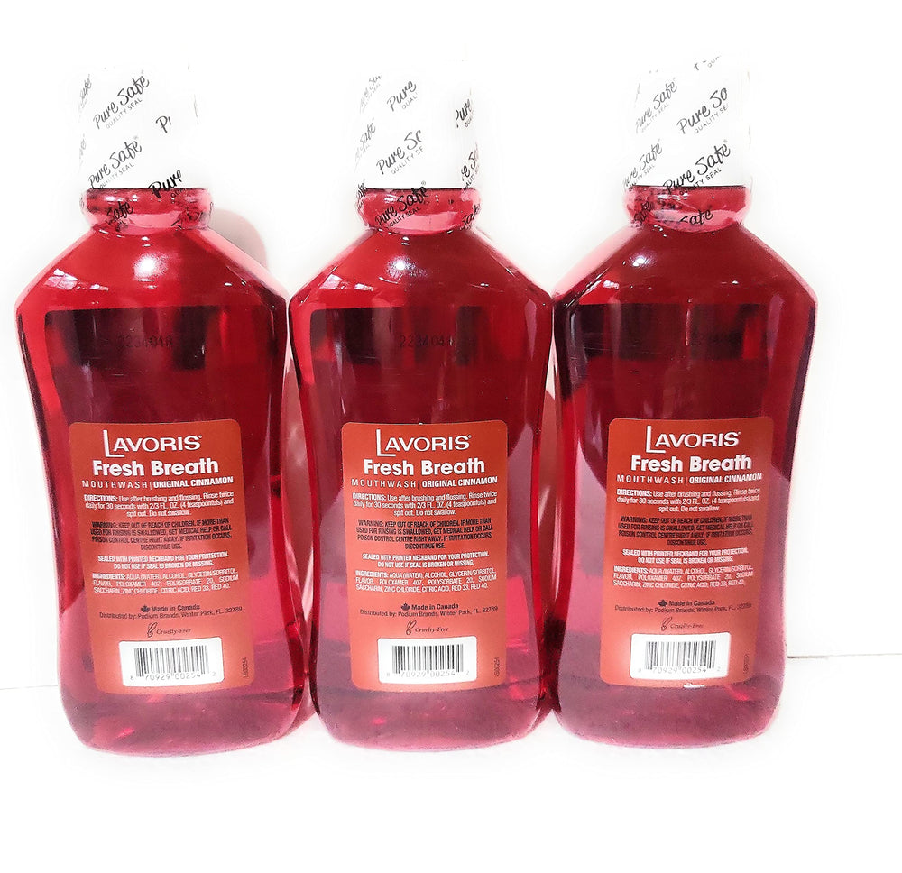Close-up of Lavoris Original Cinnamon bottle highlighting cinnamon flavor and aroma.