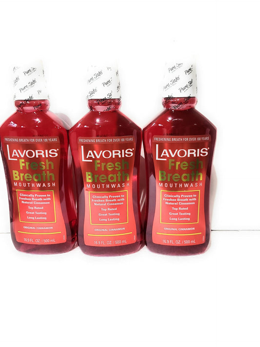 Lavoris Original Cinnamon bottle front view for fresh breath after meals.