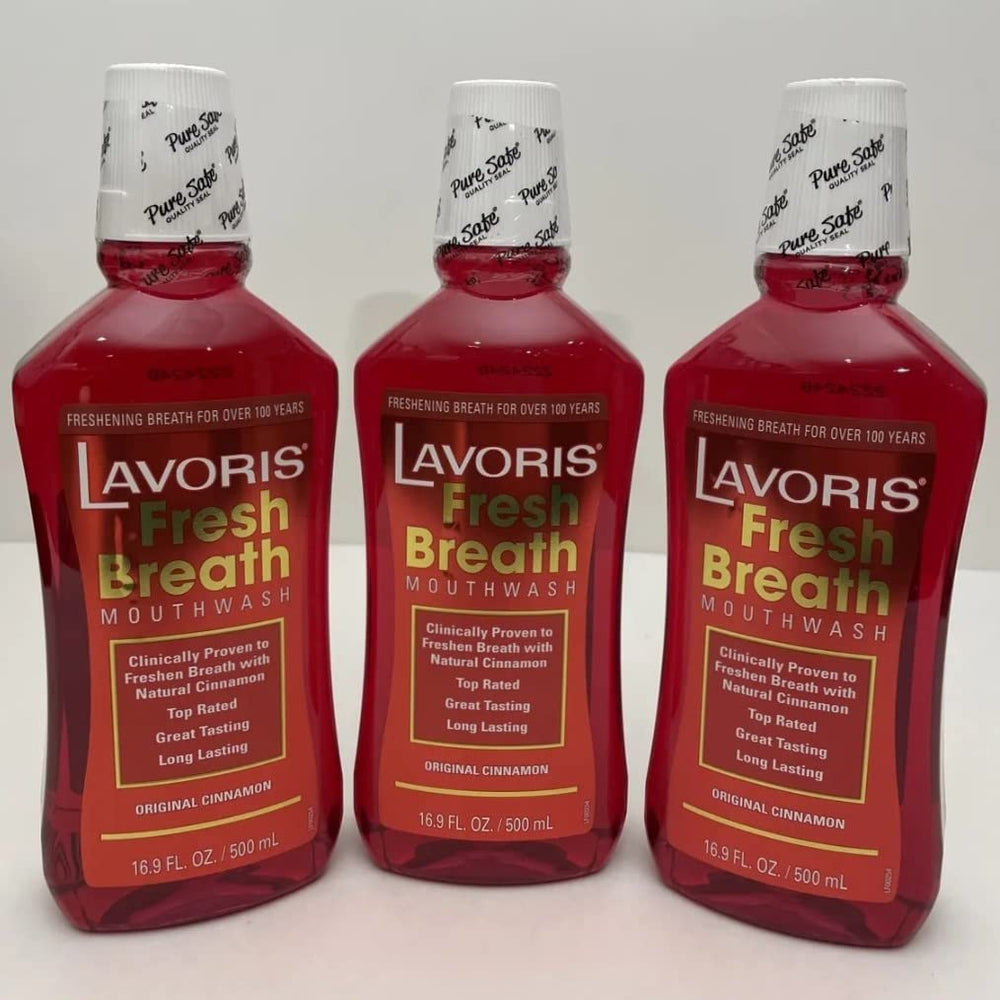 Three-pack display of Lavoris Original Cinnamon Mouthwash for family use.